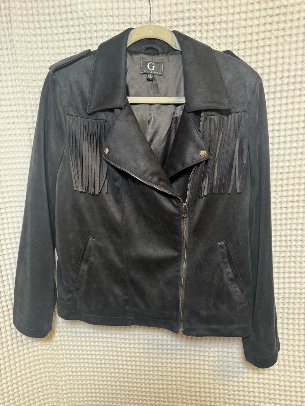 G by Giuliana Black Faux Suede Fringe Moto Jacket, Large